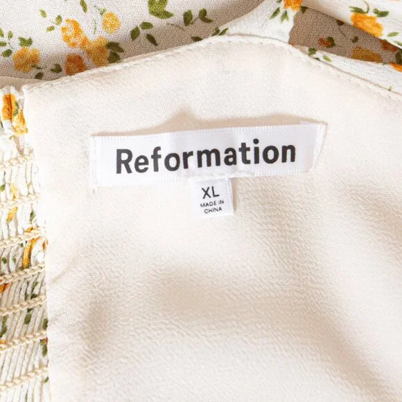 Reformation Avni Ruched Babydoll Mini Dress - White & Yellow Floral Print - XL - Picture 15 of 16